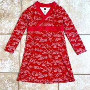 Tea Collection Red Floral Wrap-Style Long Sleeve Dress